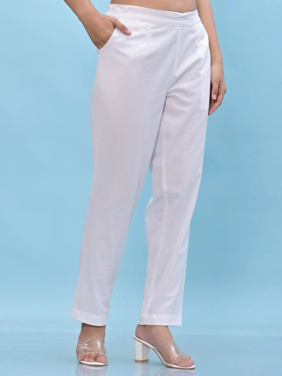 Women White Solid Cotton Pants With Partially Elasticated Waistband And Two Side Pockets