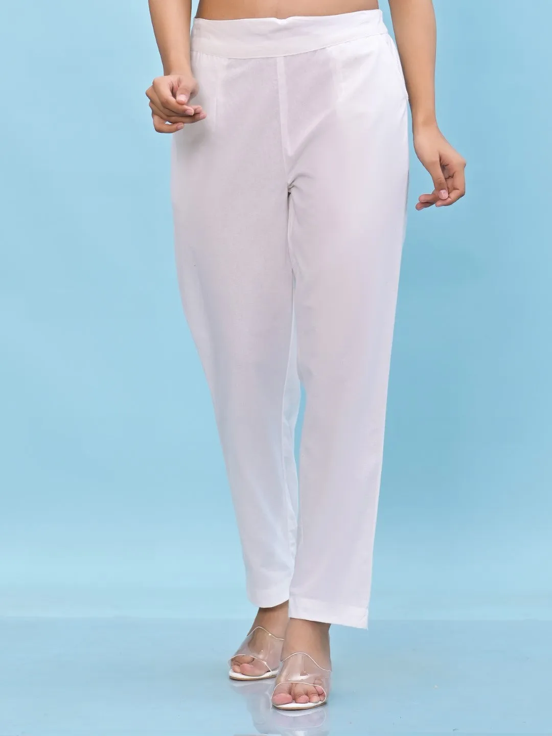 Women White Solid Cotton Pants With Partially Elasticated Waistband And Two Side Pockets