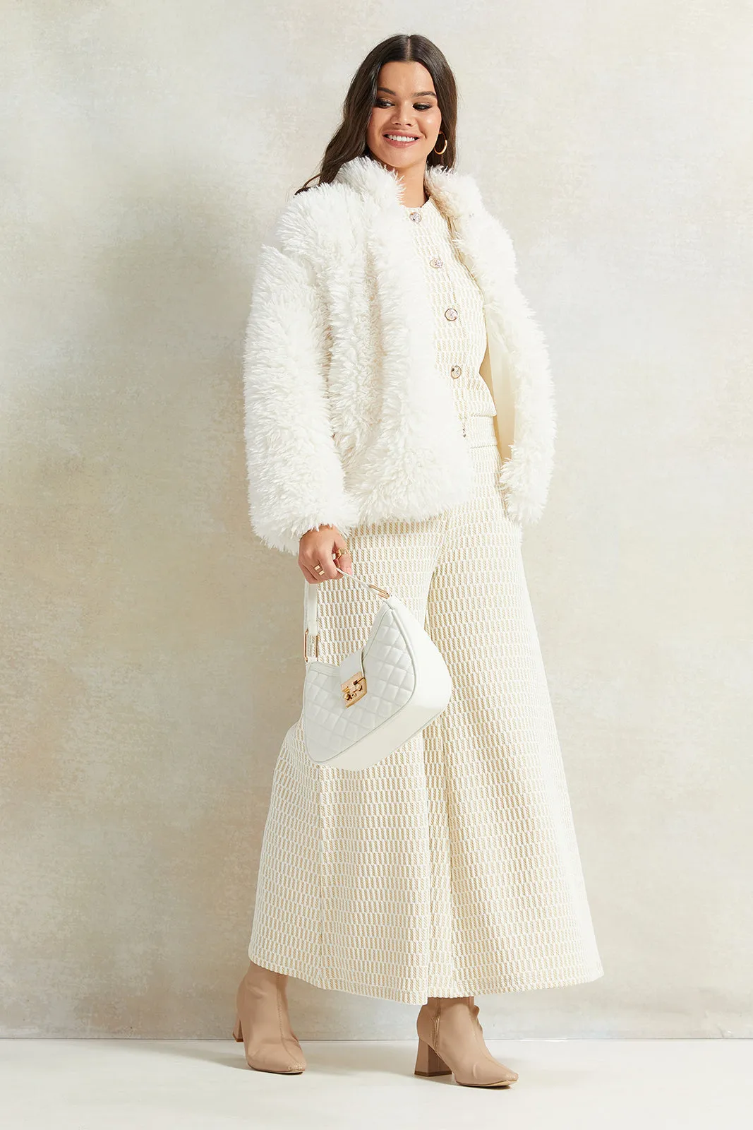 Women White Solid Fur Jacket