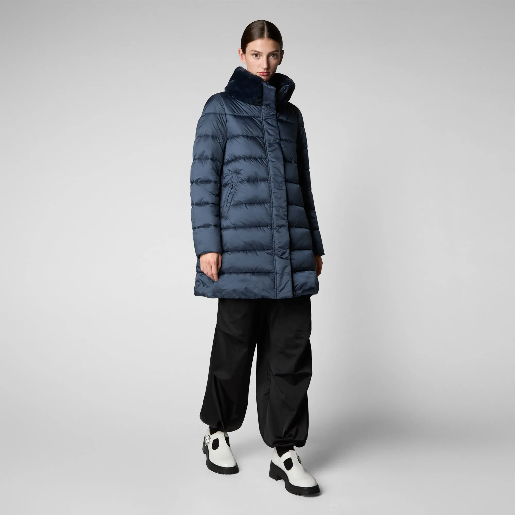 Women's Animal free Puffer Coat Dalea with Faux Fur Collar in Night Blue