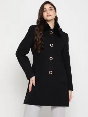 Women's Casual  Black Single breasted  Faux Fur Spread Collar Long Coat