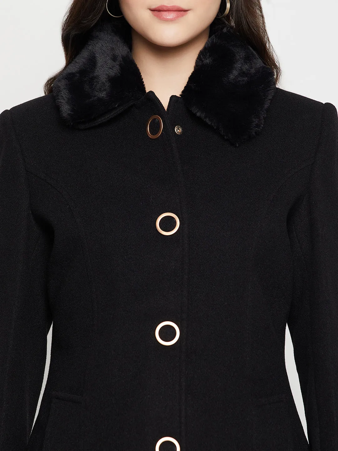 Women's Casual  Black Single breasted  Faux Fur Spread Collar Long Coat