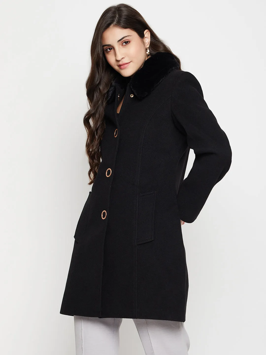 Women's Casual  Black Single breasted  Faux Fur Spread Collar Long Coat