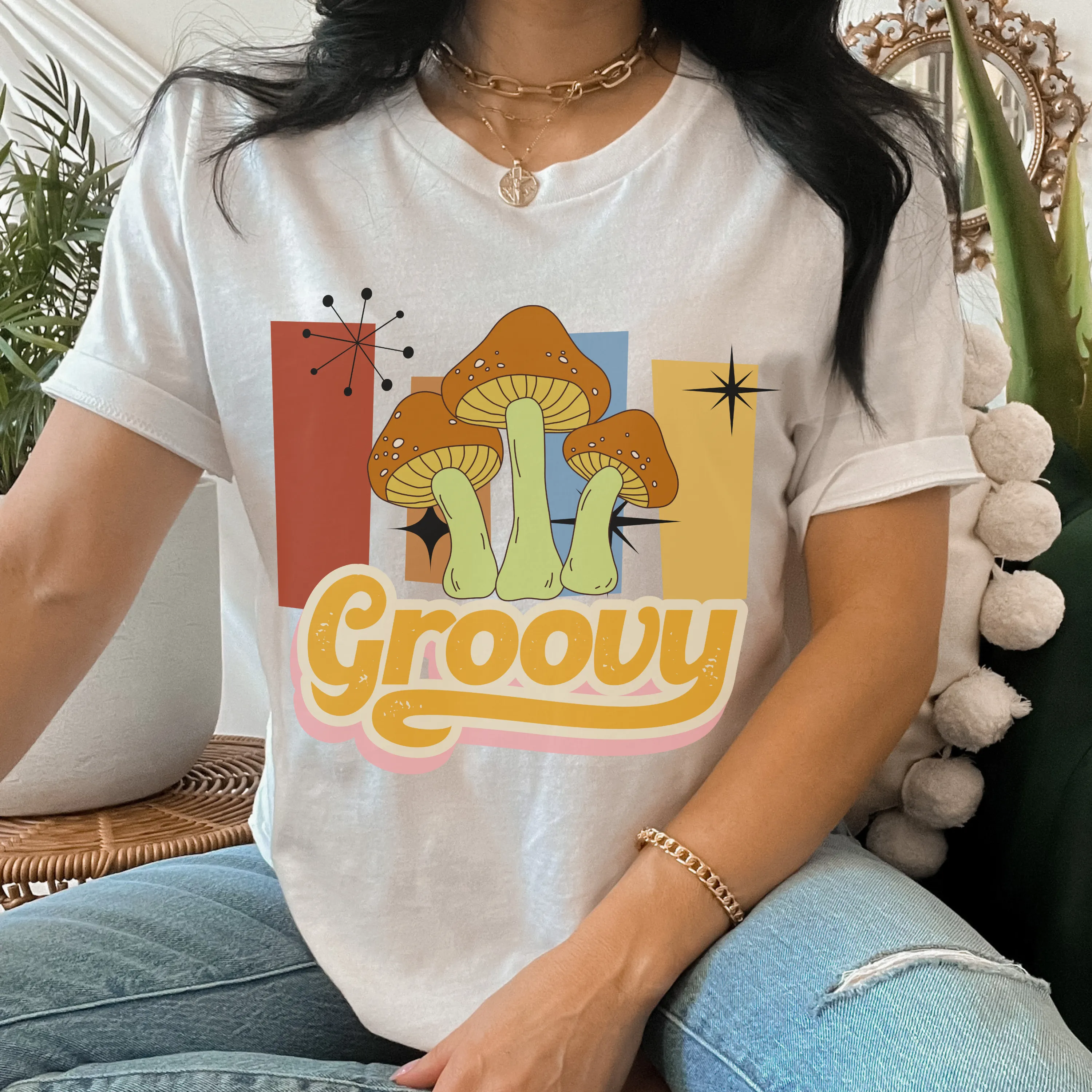 Women's Comfort Colors® Unisex-Size Trendy Retro Groovy Design T-Shirt in Mustard, Yam, White and Sage