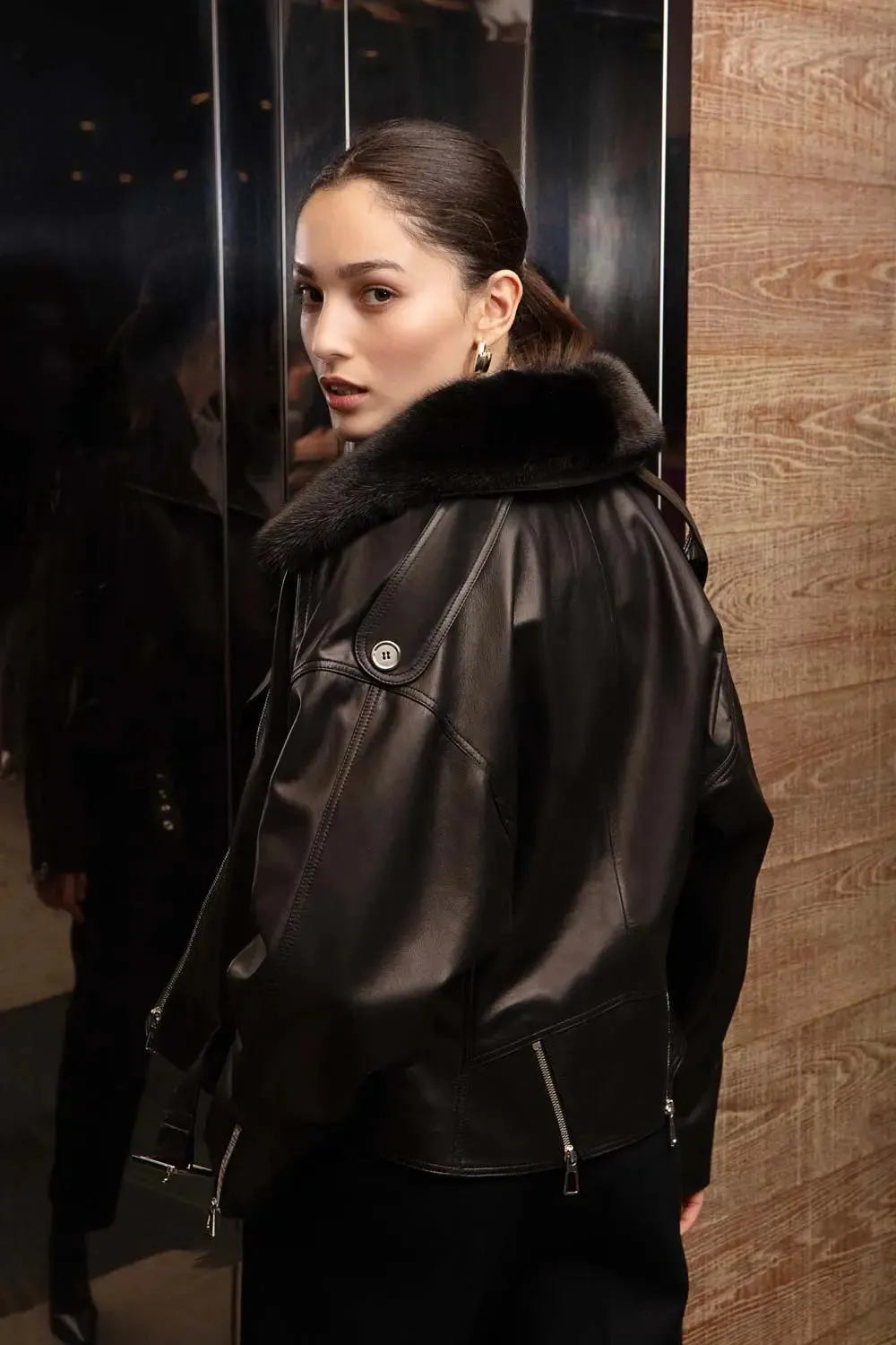 Womens leather jacket with fur collar