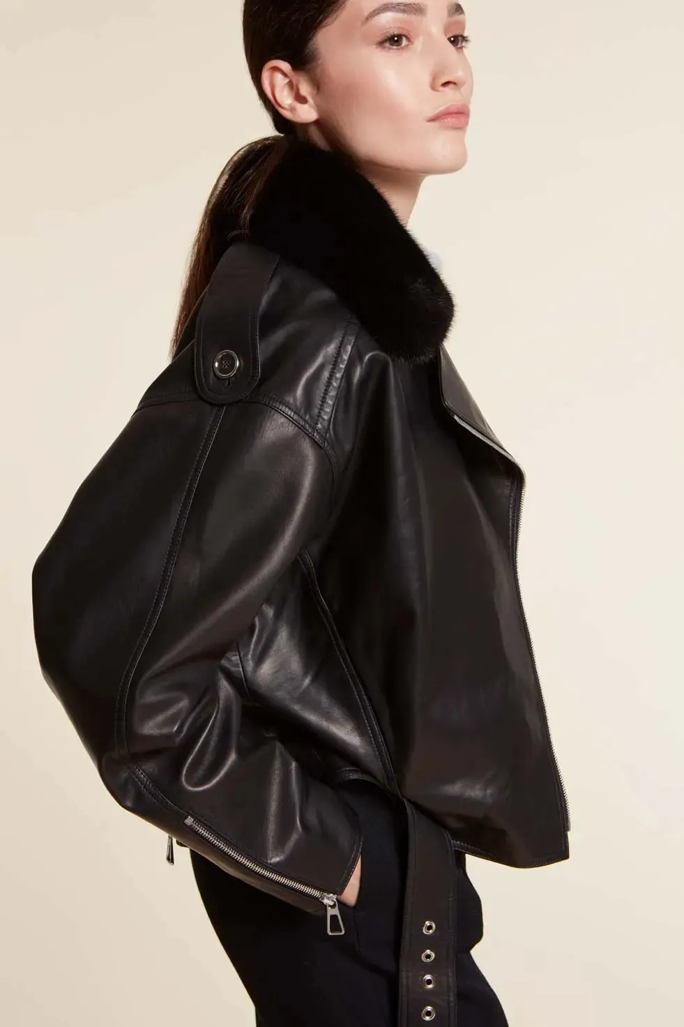 Womens leather jacket with fur collar