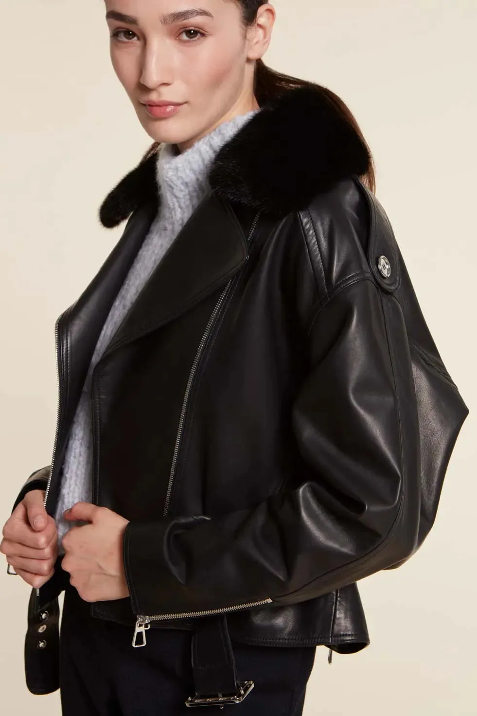 Womens leather jacket with fur collar