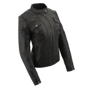 Women's mandarin scuba collar jacket with quilted shoulders and cuff.