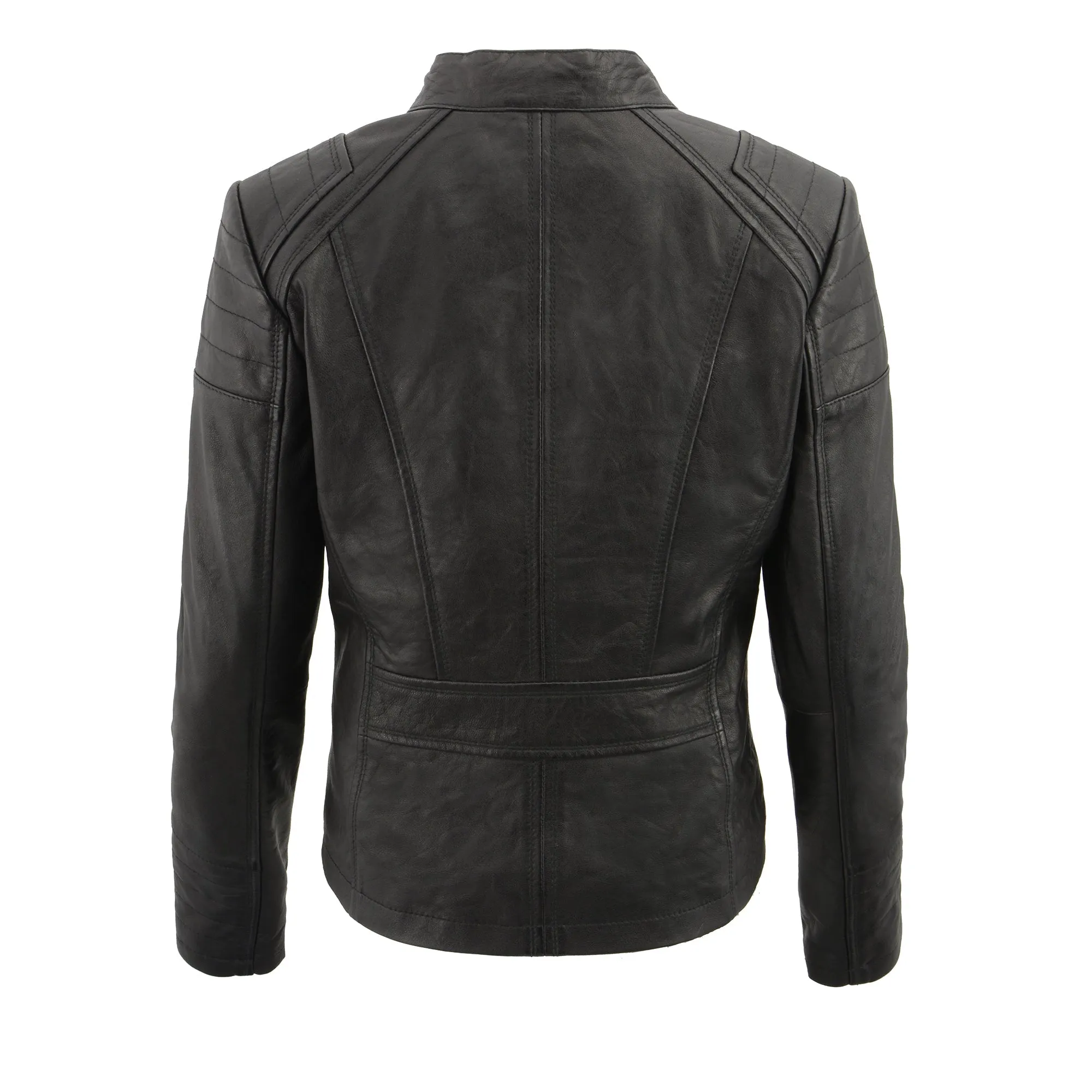 Women's mandarin scuba collar jacket with quilted shoulders and cuff.