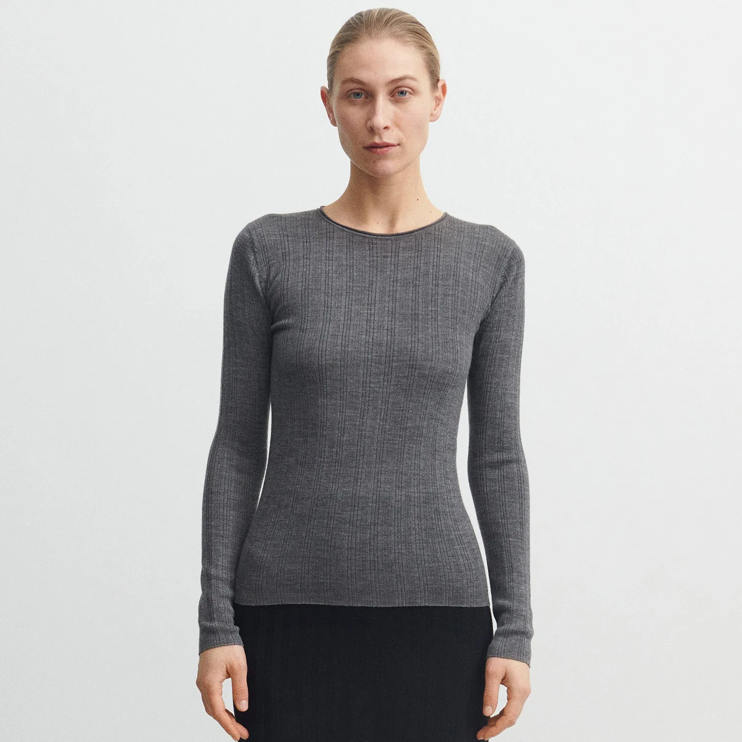 Womens Merino Wool Rib Top - Grey Melange