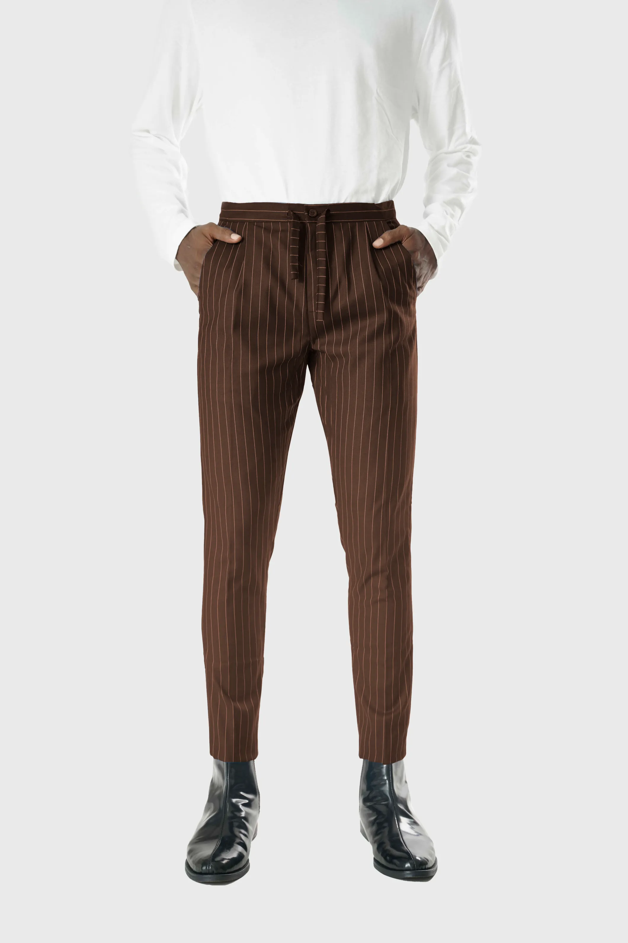 Wool Drawstring Pants in Coffee Brown Pinstripe