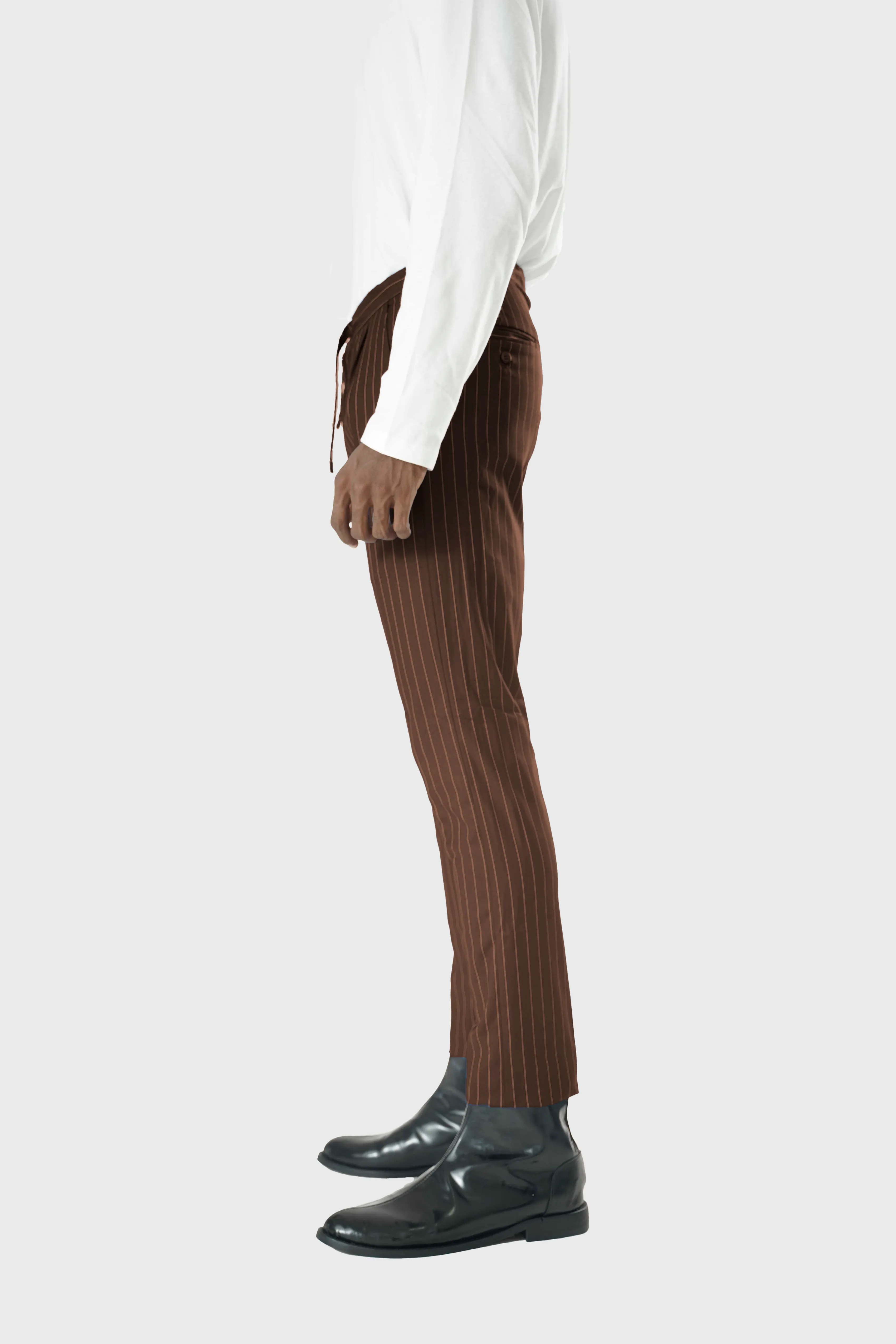 Wool Drawstring Pants in Coffee Brown Pinstripe