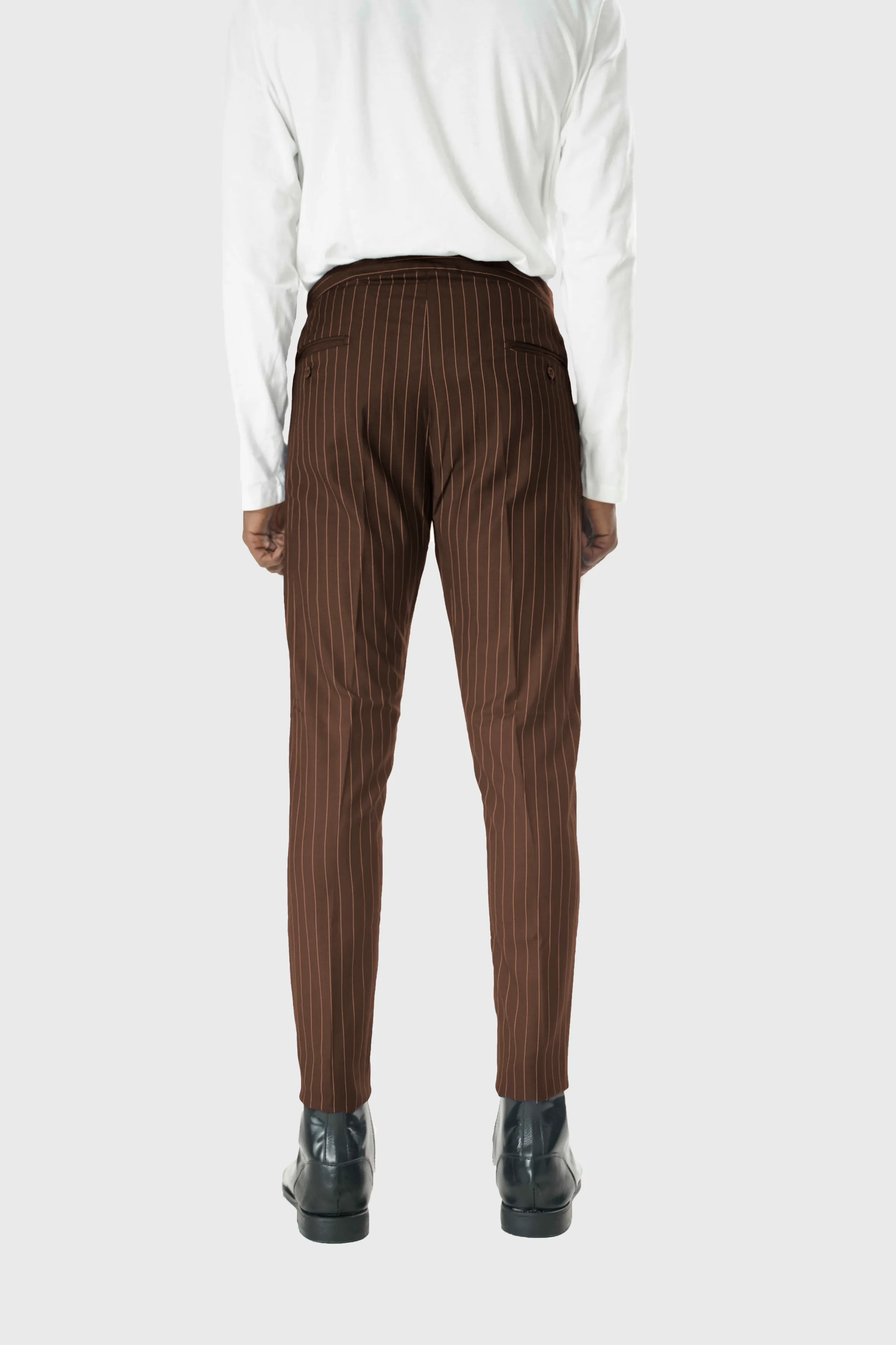 Wool Drawstring Pants in Coffee Brown Pinstripe