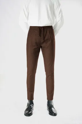 Wool Drawstring Pants in Coffee Brown Pinstripe