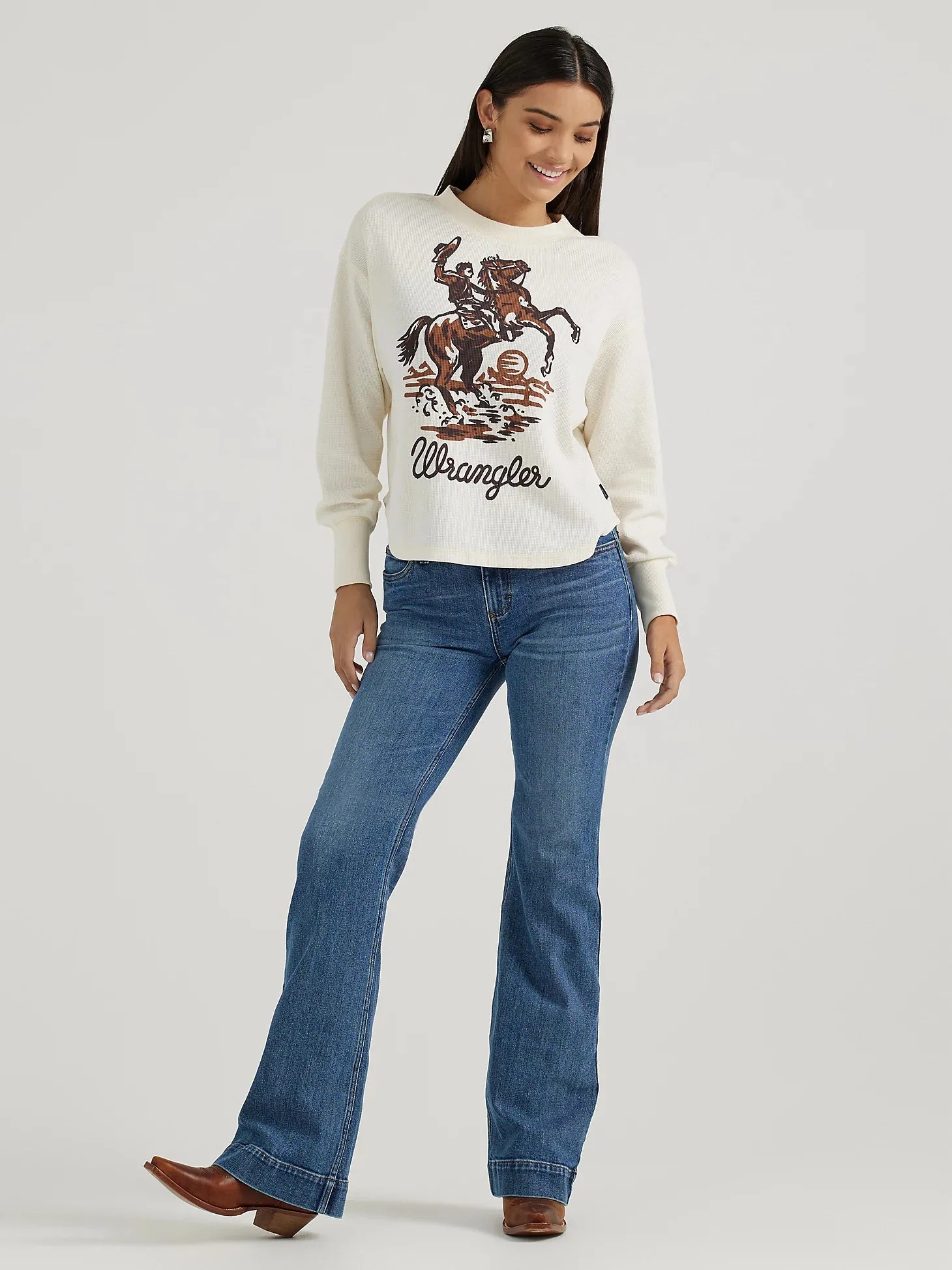 Wrangler Ladies Bucking Cowboy Waffle Thermal Shirt - White - 112356698