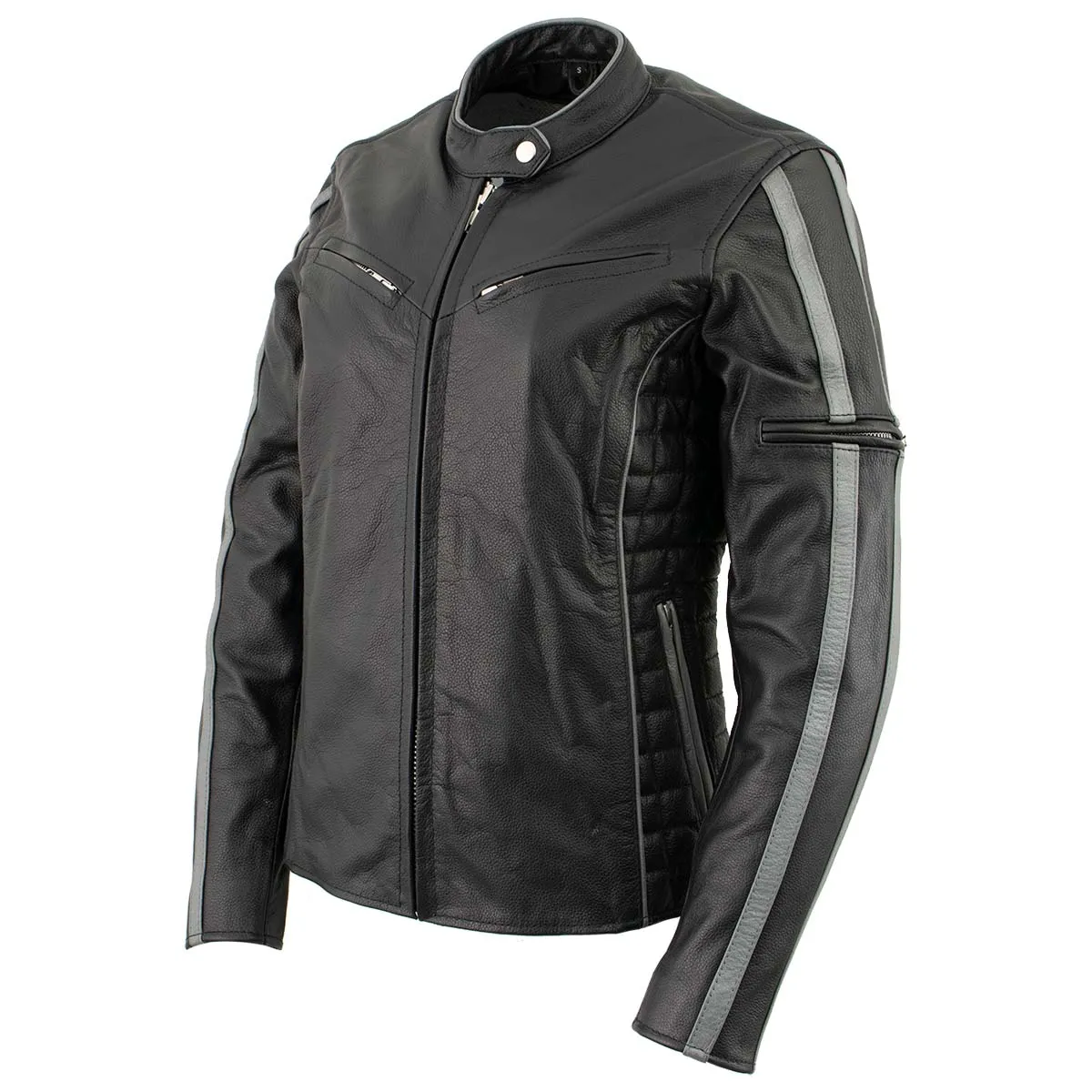 Xelement B7065 Women’s ‘Silver Fox’ Black with Silver Multi Vented Leather Motorcycle Jacket