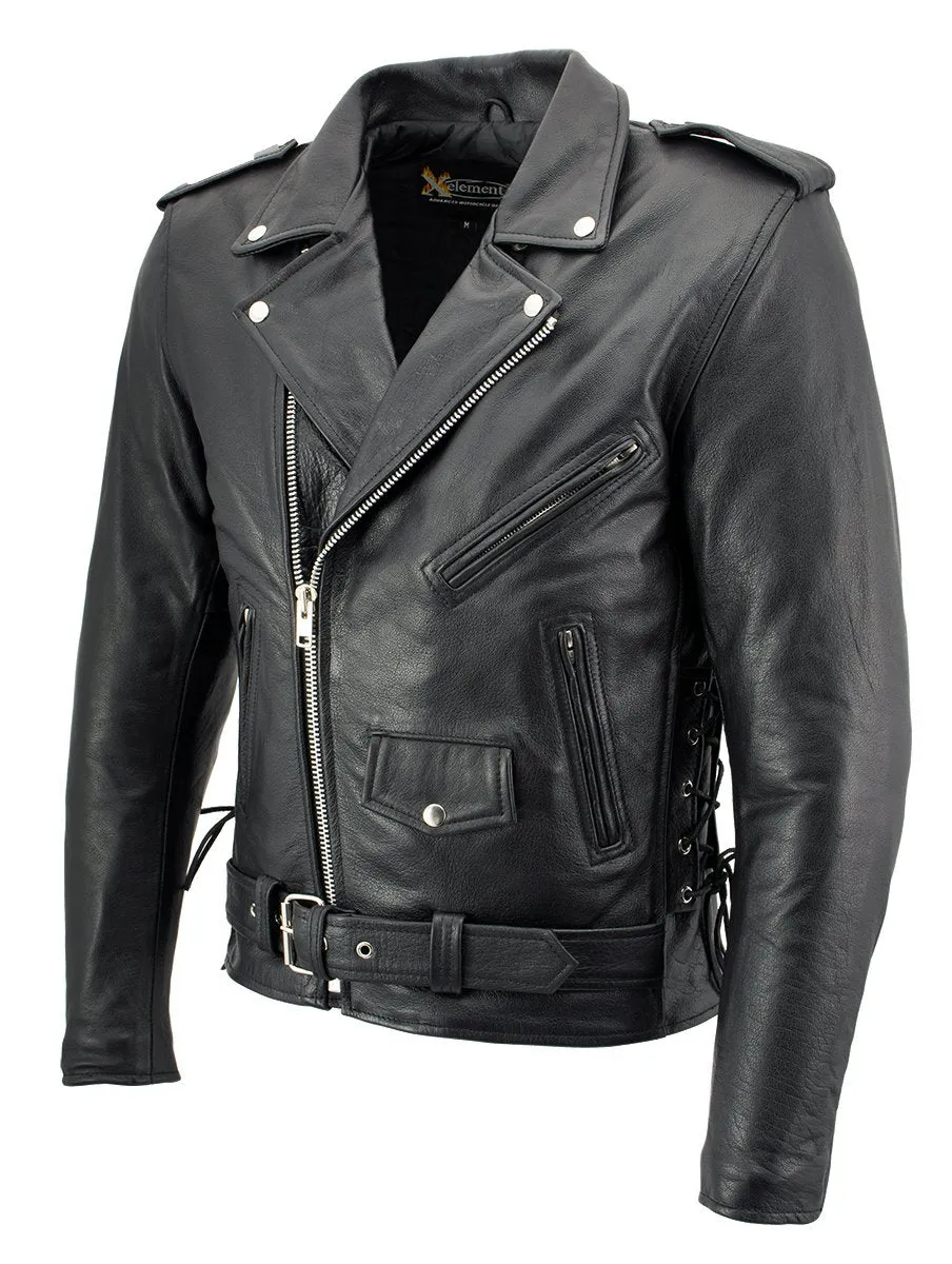 Xelement B7103 Men's 'Ruffian' Classic Black Motorcycle Side Lace Leather Jacket with X-Armor Protection