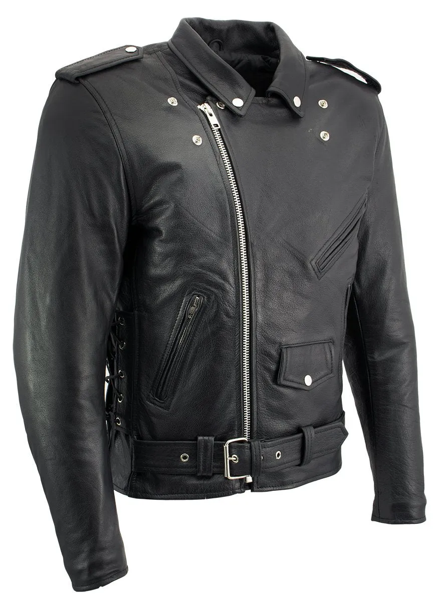 Xelement B7103 Men's 'Ruffian' Classic Black Motorcycle Side Lace Leather Jacket with X-Armor Protection