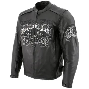 Xelement B95010 Men's 'Bones' Black Armored Cruiser Motorcycle Jacket with Reflective Skulls